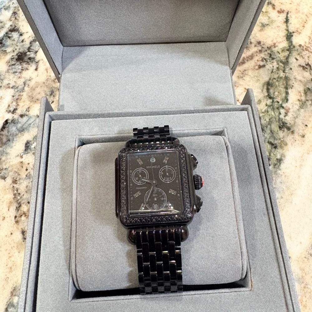 Michele Black Metal Watch with Diamond Accents